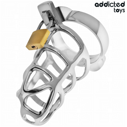 Close-up da Gaiola de Pénis de Metal com Trava Addicted Toys, mostrando o design prateado e a fechadura de segurança.
