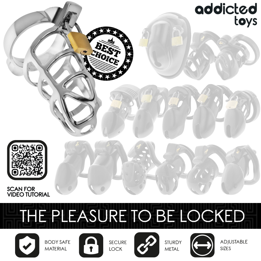 Close-up da Gaiola de Pénis de Metal com Trava Addicted Toys, mostrando o design prateado e a fechadura de segurança.