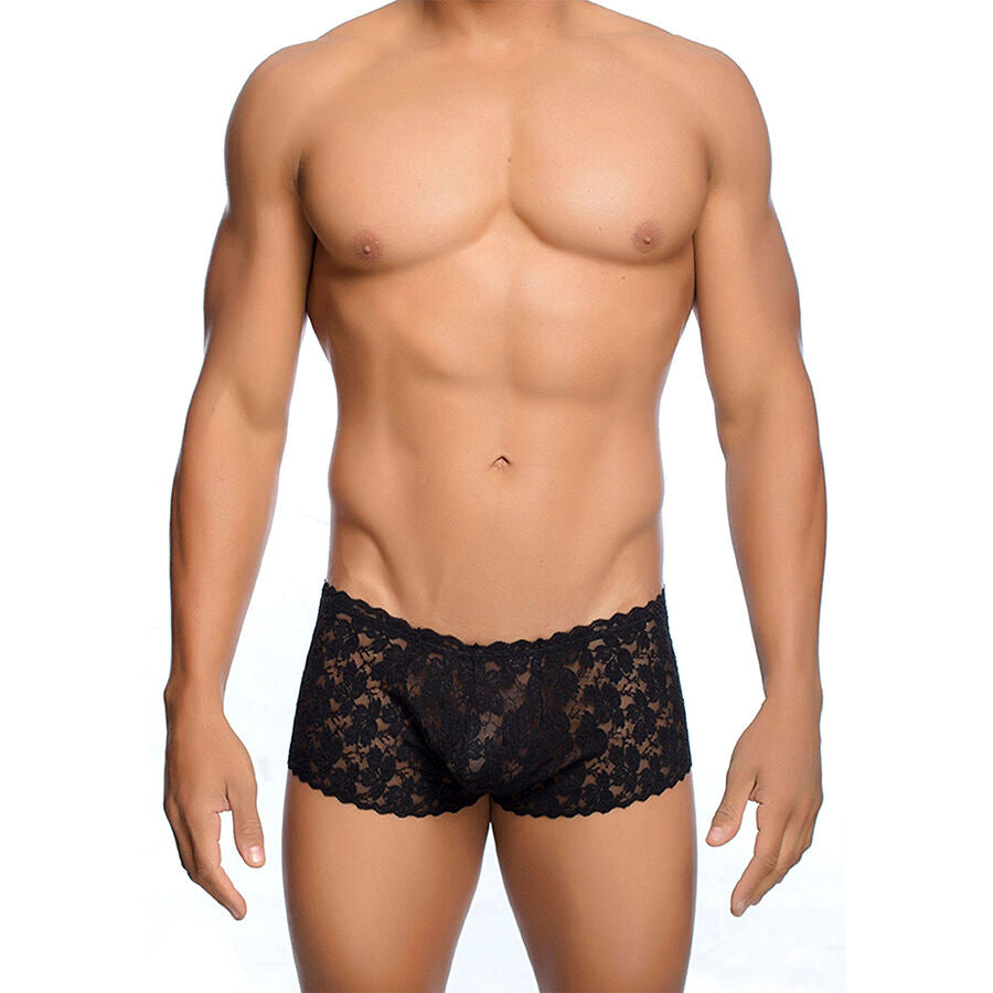 Close-up of the MaleBasics Boxer de Renda Preto Transparente L/XL showing its delicate lace and design.