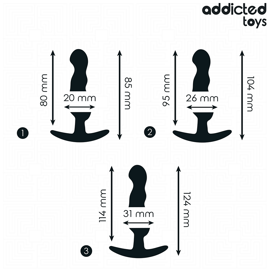 Conjunto de 3 plugs anais Addicted Toys em silicone, com tamanhos variados e design ondulado ergonómico para estimulação progressiva.