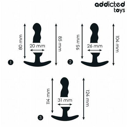 Conjunto de 3 plugs anais Addicted Toys em silicone, com tamanhos variados e design ondulado ergonómico para estimulação progressiva.