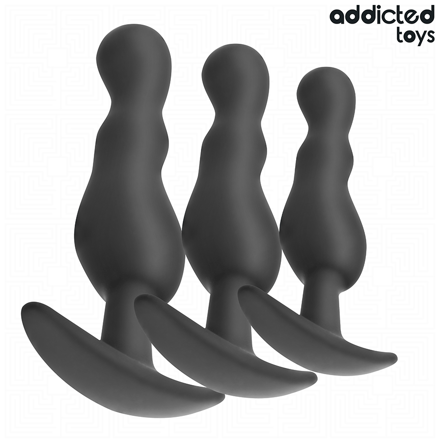Conjunto de 3 plugs anais Addicted Toys em silicone, com tamanhos variados e design ondulado ergonómico para estimulação progressiva.
