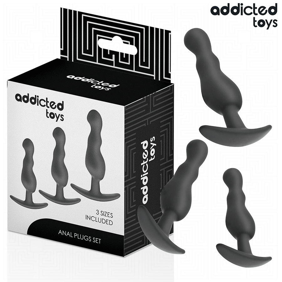 Conjunto de 3 plugs anais Addicted Toys em silicone, com tamanhos variados e design ondulado ergonómico para estimulação progressiva.