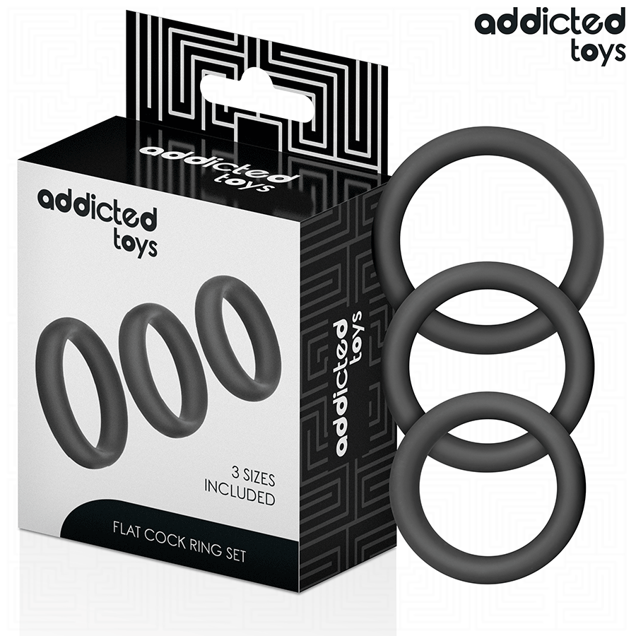 Conjunto de Anéis Penianos Planos de Silicone da ADDICTED TOYS em diferentes tamanhos e sua textura.