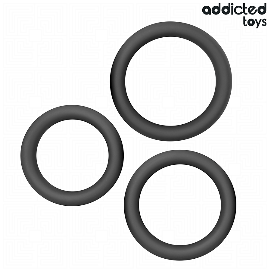 Conjunto de Anéis Penianos Planos de Silicone da ADDICTED TOYS em diferentes tamanhos e sua textura.