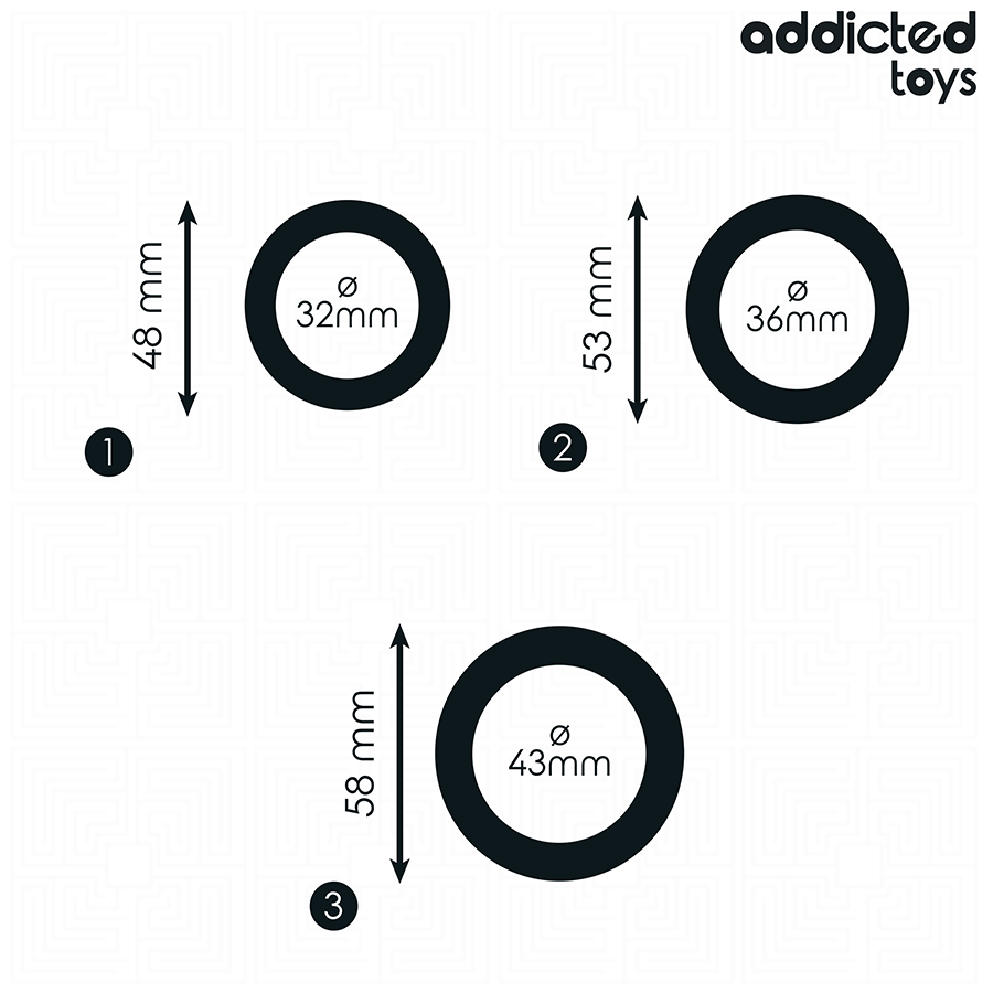 Conjunto de anéis penianos de silicone Addicted Toys em três tamanhos diferentes para melhor desempenho e estimulação.