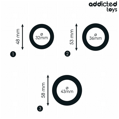 Conjunto de anéis penianos de silicone Addicted Toys em três tamanhos diferentes para melhor desempenho e estimulação.