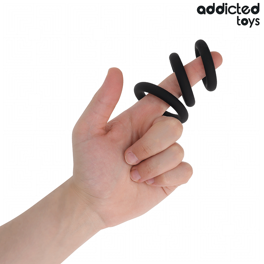 Conjunto de anéis penianos de silicone Addicted Toys em três tamanhos diferentes para melhor desempenho e estimulação.