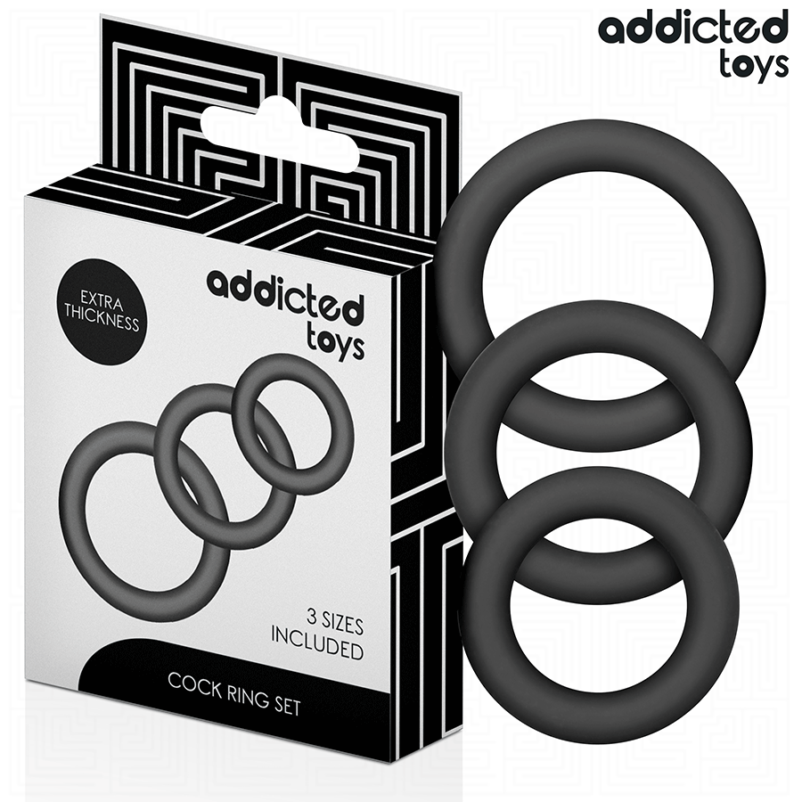 Conjunto de anéis penianos de silicone Addicted Toys em três tamanhos diferentes para melhor desempenho e estimulação.