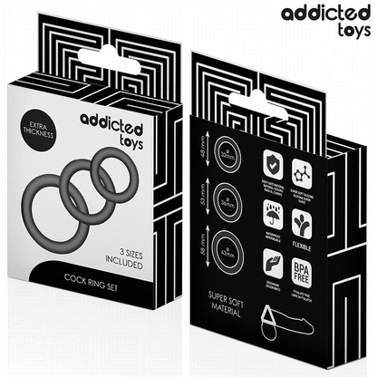 Conjunto de anéis penianos de silicone Addicted Toys em três tamanhos diferentes para melhor desempenho e estimulação.