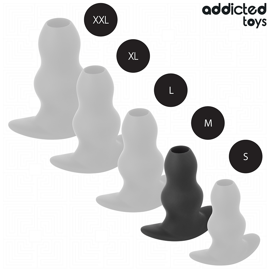 Close-up of the Addicted Toys Hollow Anal Plug M, showing its silicone texture and design for anal exploration.