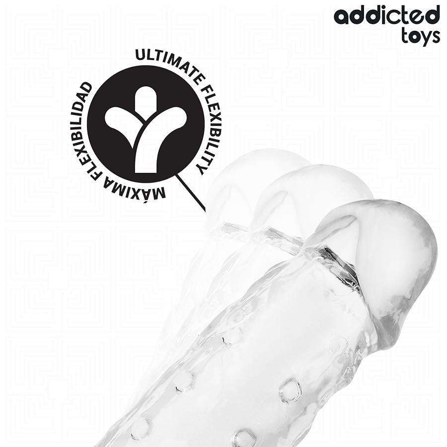 Close-up of the ADDICTED TOYS Transparent Penis Sleeve 27cm Size M, showing its material and design.