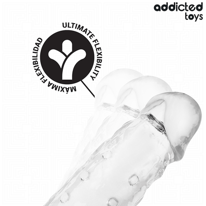 Close-up of the ADDICTED TOYS Transparent Penis Sleeve 27cm Size M, showing its material and design.
