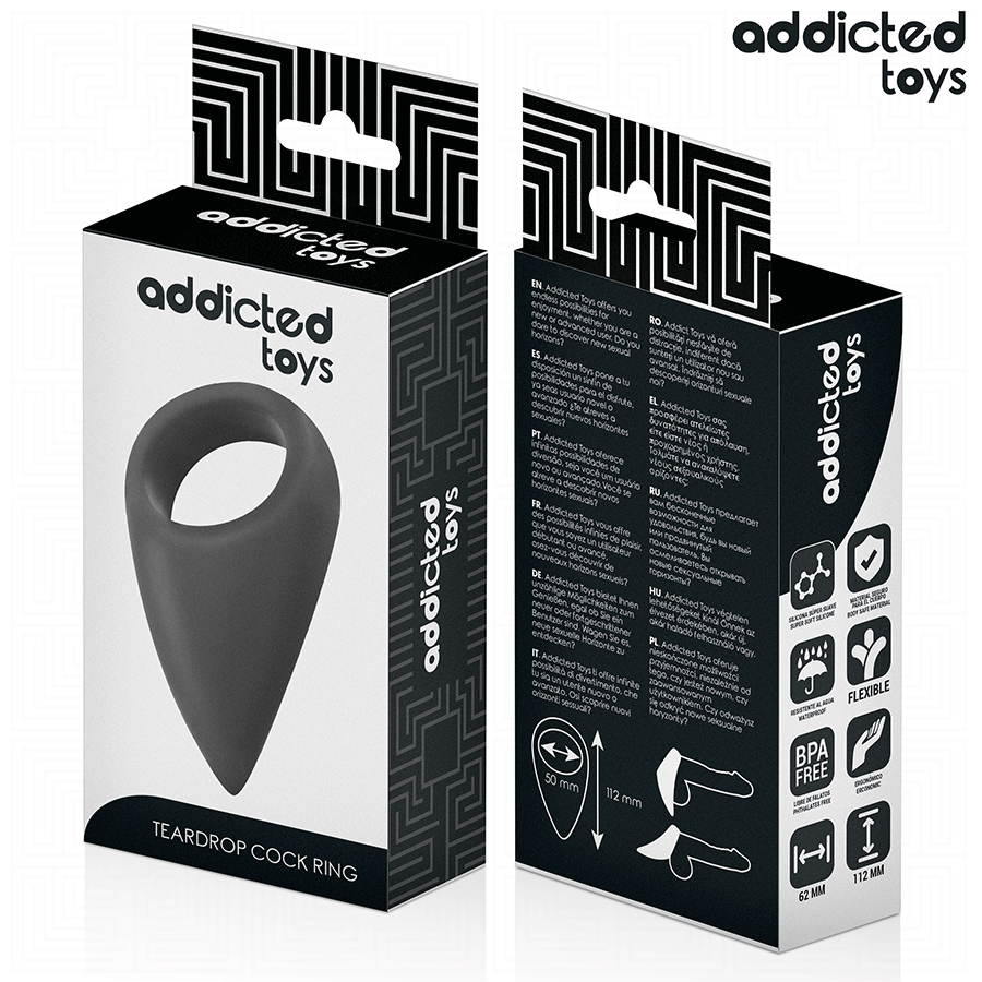 Close-up do Anel Peniano Addicted Toys em formato de lágrima, realçando o seu design ergonômico e material flexível.