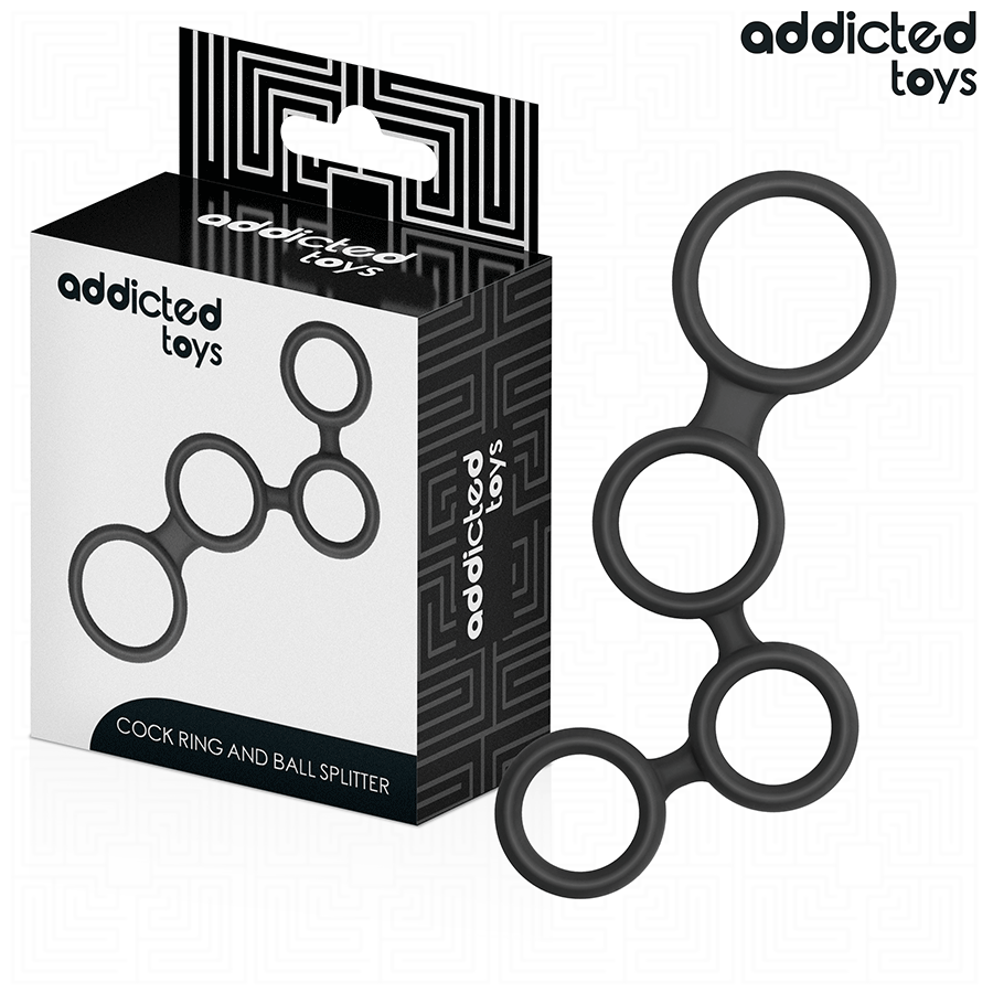 Anel peniano Addicted Toys com divisores para testículos, otimizado para ereção e estimulação.