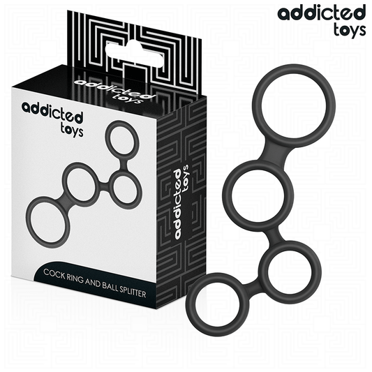 Anel peniano Addicted Toys com divisores para testículos, otimizado para ereção e estimulação.