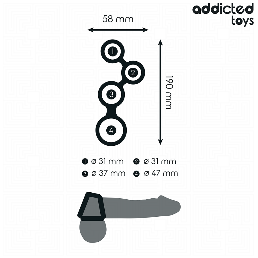 Anel peniano Addicted Toys com divisores para testículos, otimizado para ereção e estimulação.