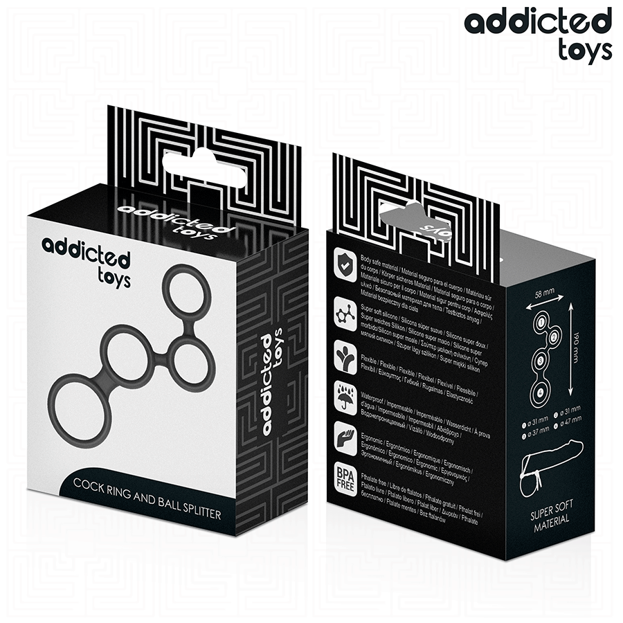 Anel peniano Addicted Toys com divisores para testículos, otimizado para ereção e estimulação.
