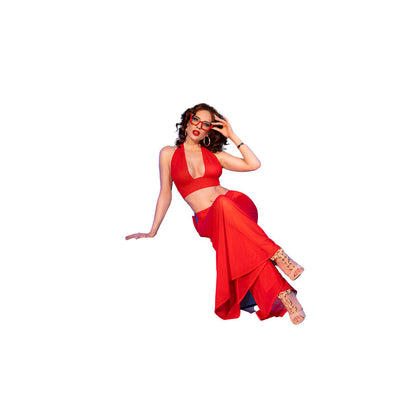 Conjunto Lingerie Blusa com Amarração e Calça Transparente Vermelha