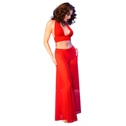 Conjunto Lingerie Blusa com Amarração e Calça Transparente Vermelha