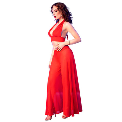 Conjunto Lingerie Blusa com Amarração e Calça Transparente Vermelha