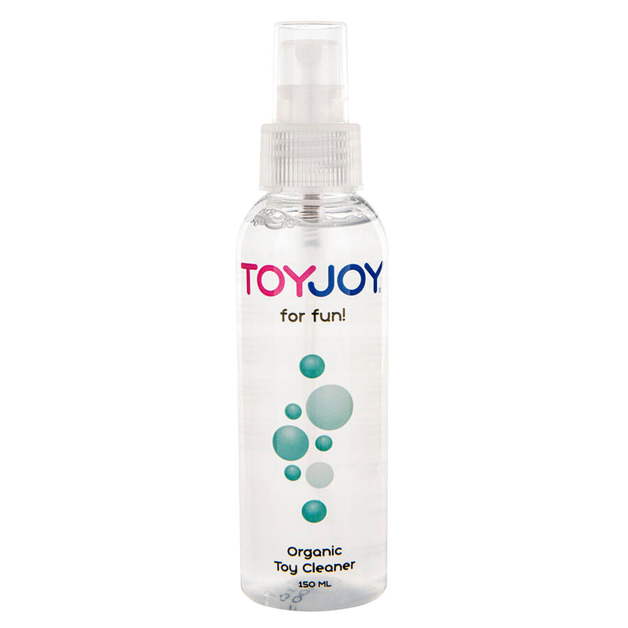 Close-up do TOYJOY Spray Limpador de Brinquedos Orgânico 150ml, mostrando a embalagem e o pulverizador.