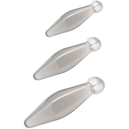 Close-up do TOYJOY Finger Rimmer 3 Peças, um conjunto de dilatadores anais ergonómicos e transparentes.