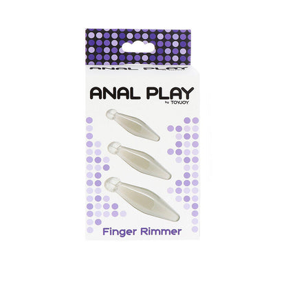Close-up do TOYJOY Finger Rimmer 3 Peças, um conjunto de dilatadores anais ergonómicos e transparentes.