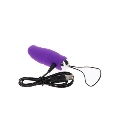 Close-up do TOYJOY Eggsplode Vibrador Roxo com Controle Remoto, mostrando seu design ergonómico e textura de silicone.