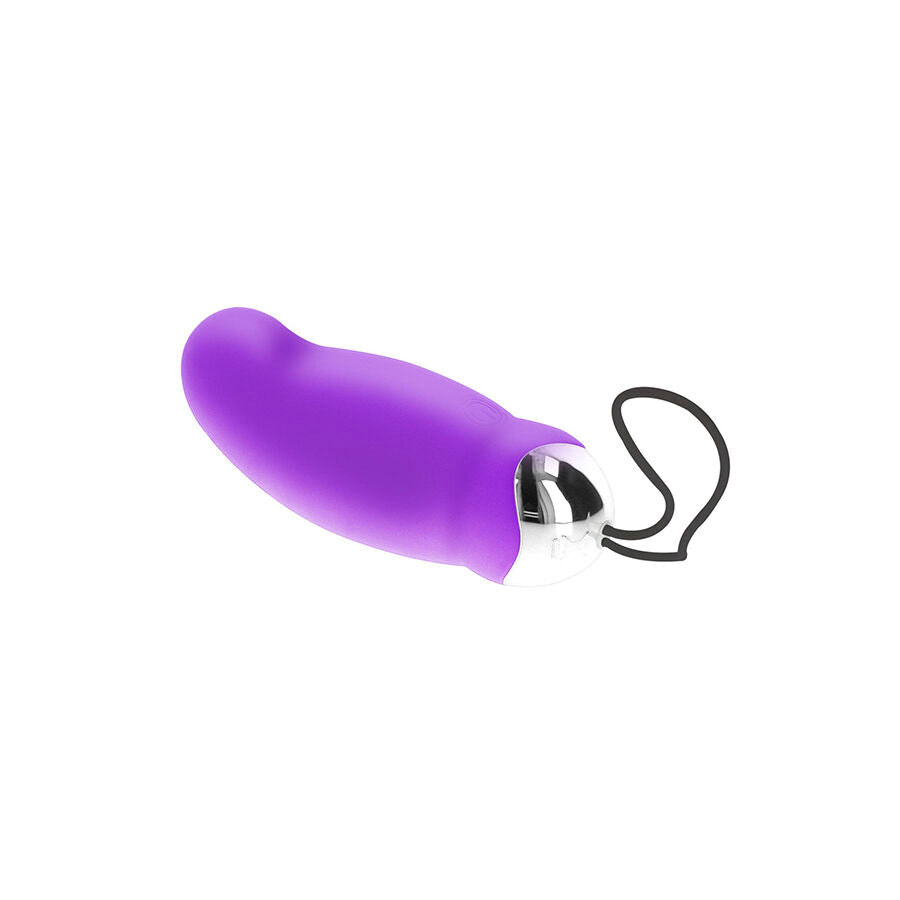 Close-up do TOYJOY Eggsplode Vibrador Roxo com Controle Remoto, mostrando seu design ergonómico e textura de silicone.