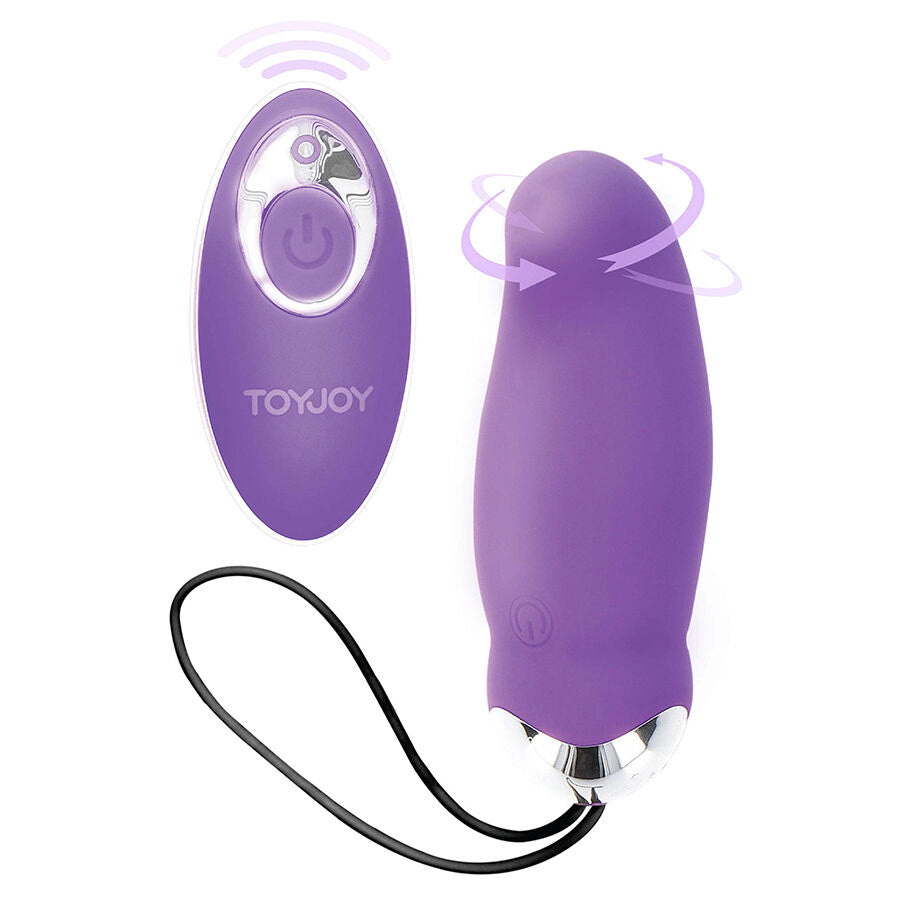 Close-up do TOYJOY Eggsplode Vibrador Roxo com Controle Remoto, mostrando seu design ergonómico e textura de silicone.