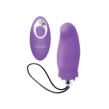 Close-up do TOYJOY Eggsplode Vibrador Roxo com Controle Remoto, mostrando seu design ergonómico e textura de silicone.