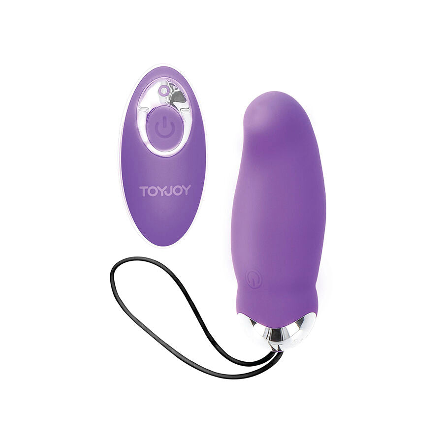 Close-up do TOYJOY Eggsplode Vibrador Roxo com Controle Remoto, mostrando seu design ergonómico e textura de silicone.