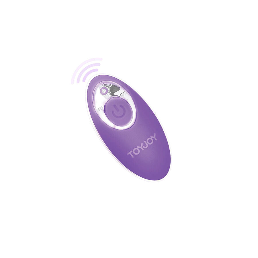 Close-up do TOYJOY Eggsplode Vibrador Roxo com Controle Remoto, mostrando seu design ergonómico e textura de silicone.