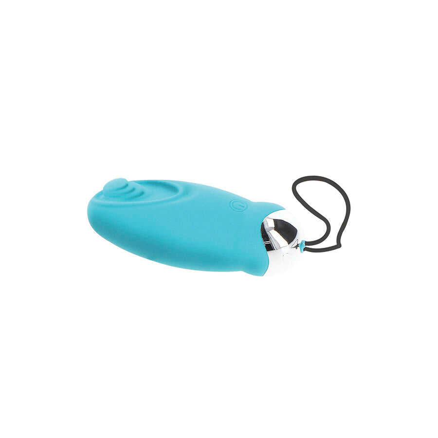 Vibrador Ovo I'm So Egg-cited da TOYJOY azul com controle remoto, mostrando o design compacto e material de silicone.