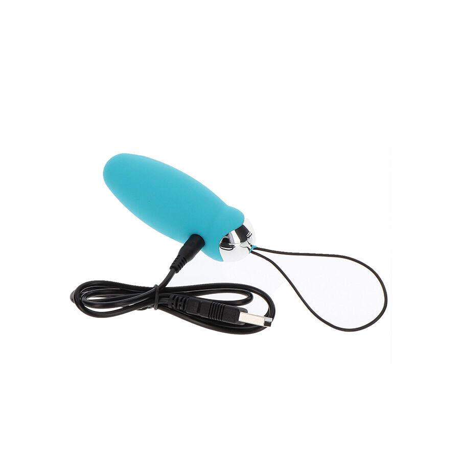Vibrador Ovo I'm So Egg-cited da TOYJOY azul com controle remoto, mostrando o design compacto e material de silicone.