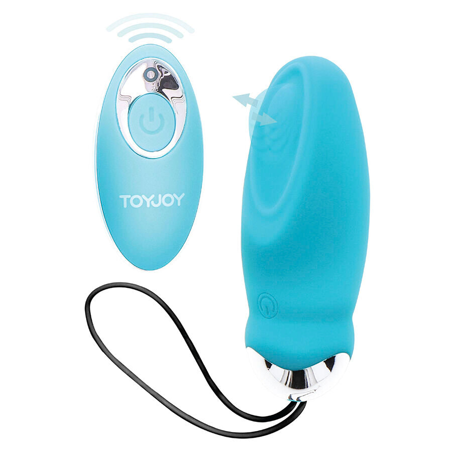 Vibrador Ovo I'm So Egg-cited da TOYJOY azul com controle remoto, mostrando o design compacto e material de silicone.