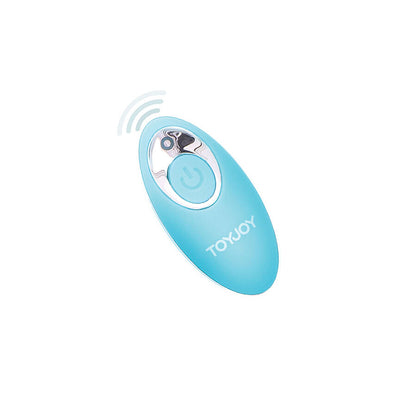 Vibrador Ovo I'm So Egg-cited da TOYJOY azul com controle remoto, mostrando o design compacto e material de silicone.