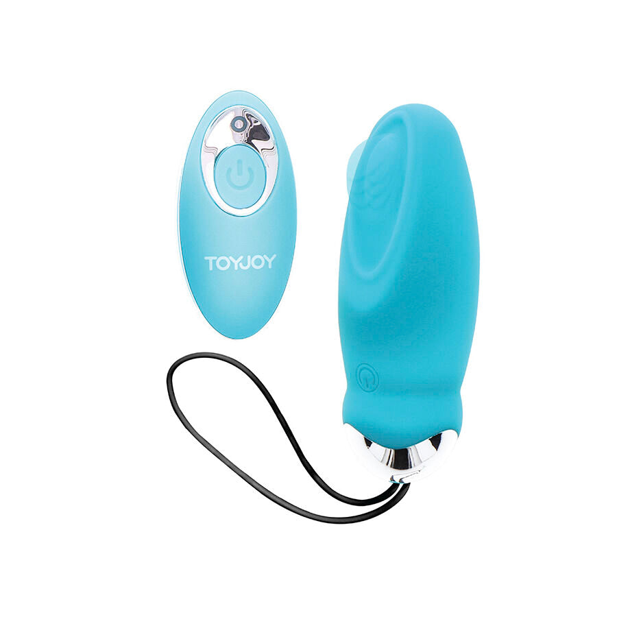 Vibrador Ovo I'm So Egg-cited da TOYJOY azul com controle remoto, mostrando o design compacto e material de silicone.