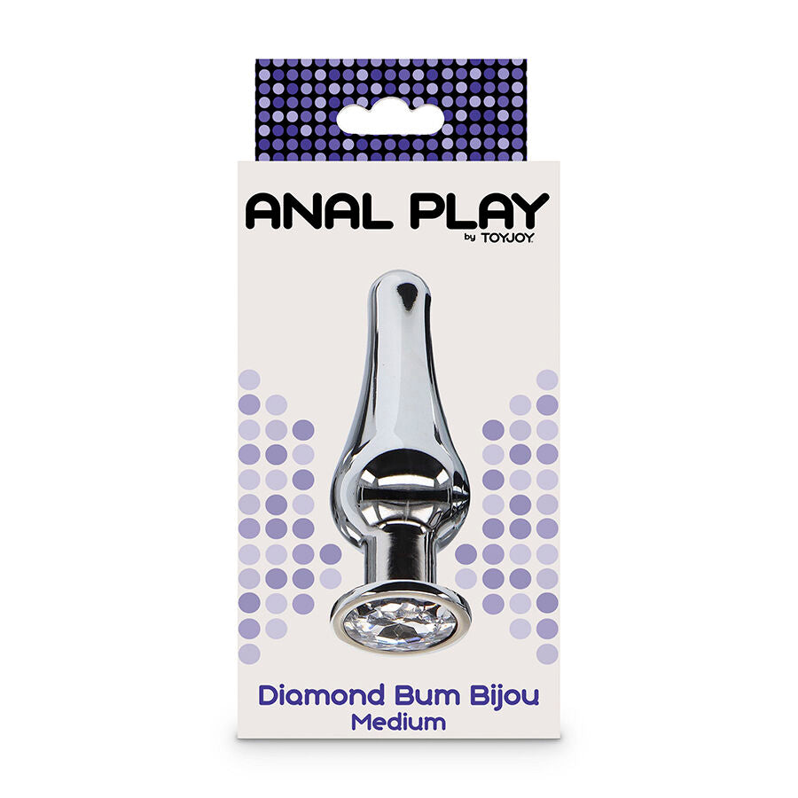 Close-up do TOYJOY Plug Anal Médio Diamond Bum Bijou com joia, mostrando seu design cônico e material de alumínio.