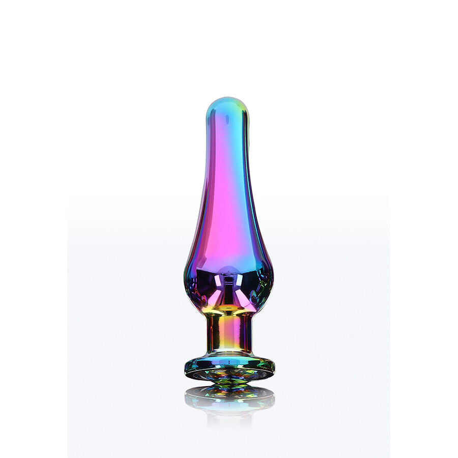 Close-up do TOYJOY Plug Anal Pequeno Twilight Bum Bijou com joia arco-íris, mostrando o material de alumínio.