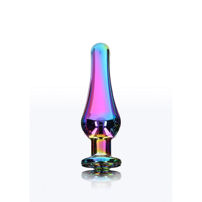 Close-up do TOYJOY Plug Anal Pequeno Twilight Bum Bijou com joia arco-íris, mostrando o material de alumínio.
