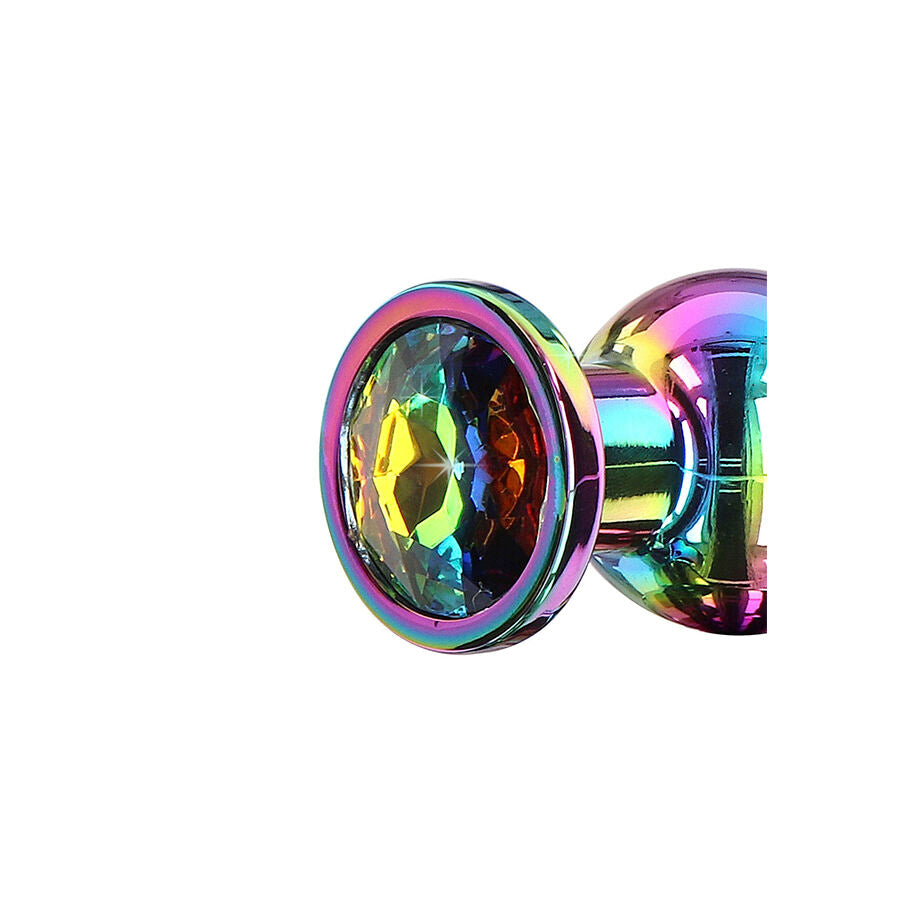 Close-up do TOYJOY Plug Anal Pequeno Twilight Bum Bijou com joia arco-íris, mostrando o material de alumínio.