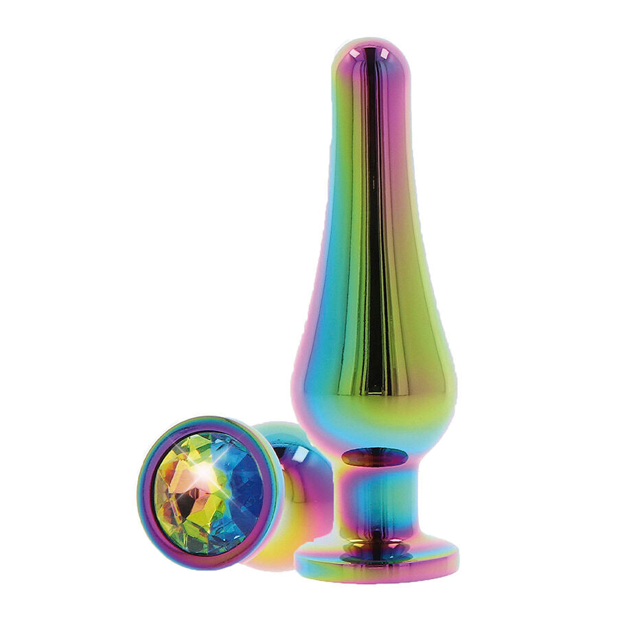 Close-up do TOYJOY Plug Anal Pequeno Twilight Bum Bijou com joia arco-íris, mostrando o material de alumínio.
