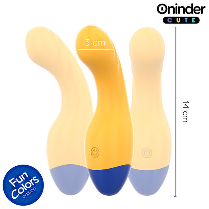 ONINDER CUTE Vibrador Ponto G Love Buddy Master com controlo via app, em amarelo vibrante e base azul escura.