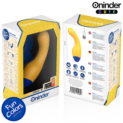 ONINDER CUTE Vibrador Ponto G Love Buddy Master com controlo via app, em amarelo vibrante e base azul escura.