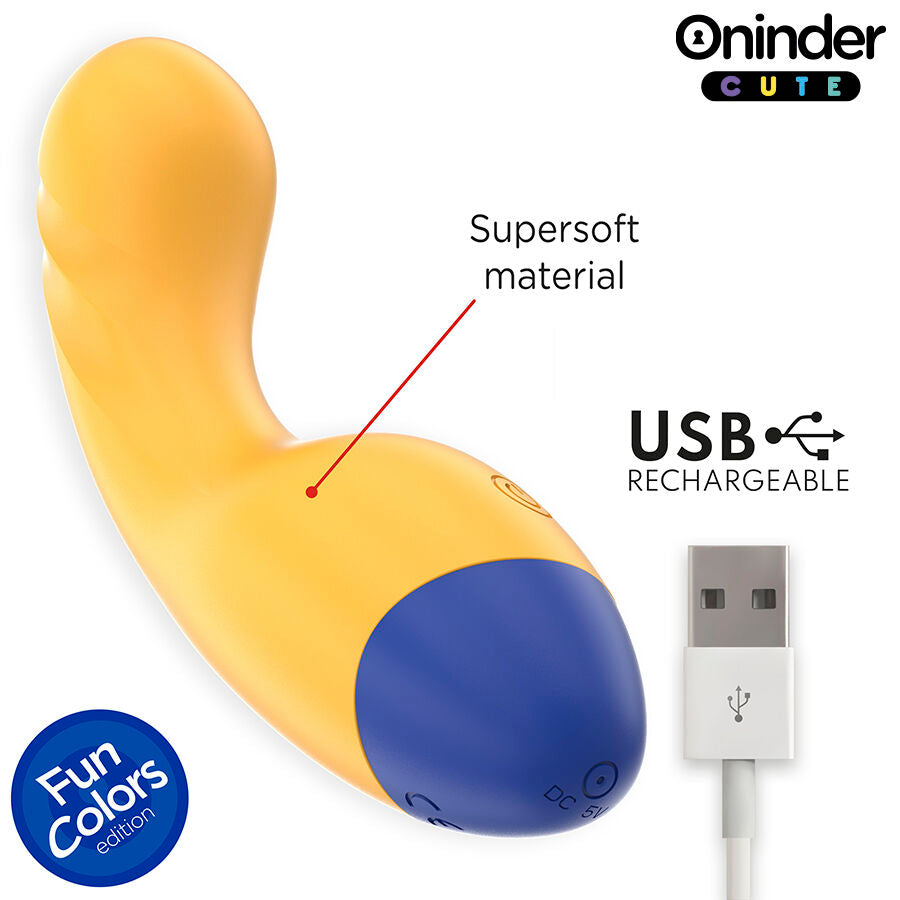 ONINDER CUTE Vibrador Ponto G Love Buddy Master com controlo via app, em amarelo vibrante e base azul escura.