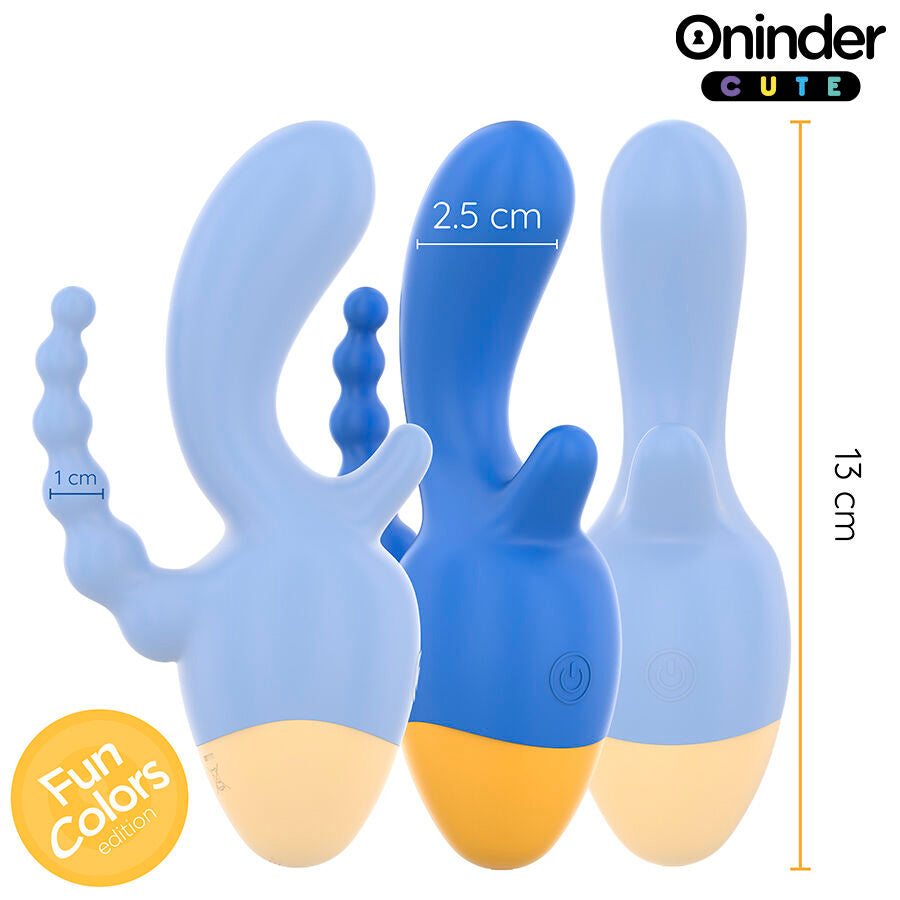 Close-up do Vibrador ONINDER CUTE Love 3 Some Triplo com controle por aplicativo, mostrando seu design ergonômico em azul e amarelo.