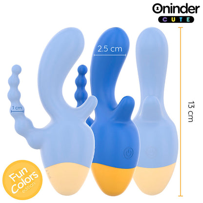 Close-up do Vibrador ONINDER CUTE Love 3 Some Triplo com controle por aplicativo, mostrando seu design ergonômico em azul e amarelo.