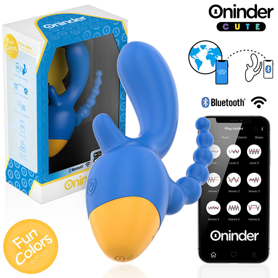Close-up do Vibrador ONINDER CUTE Love 3 Some Triplo com controle por aplicativo, mostrando seu design ergonômico em azul e amarelo.